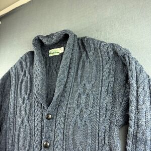 Aran Crafts Cardigan Men's M Blue Ireland 100% Wool Fisherman Cable Knit Shawl